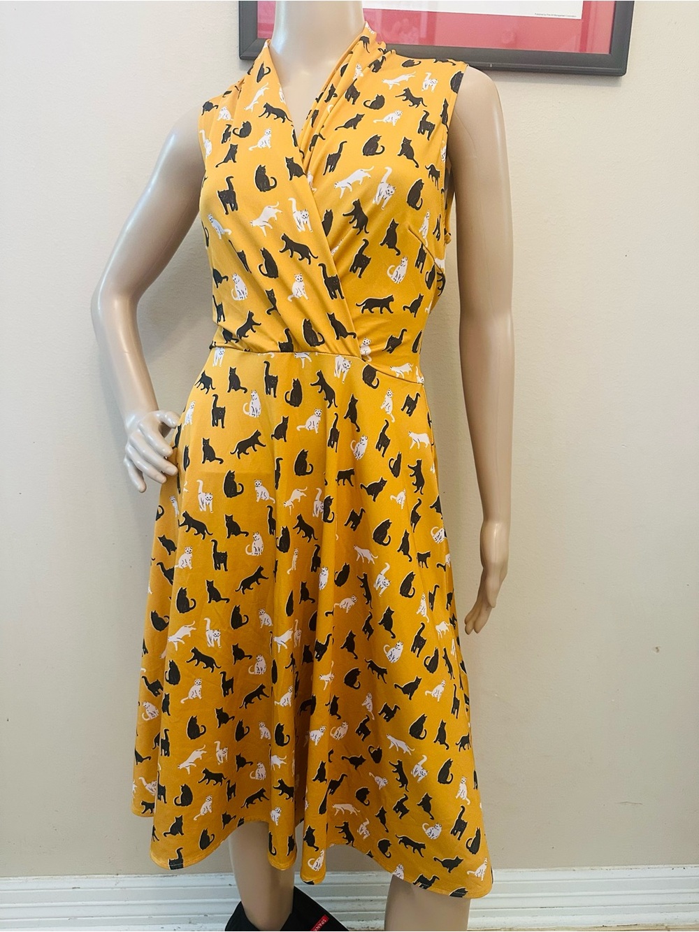 Karina Dresses Yellow Cat Print Kate Midi Dress S/M Vintage Style Faux Wrap